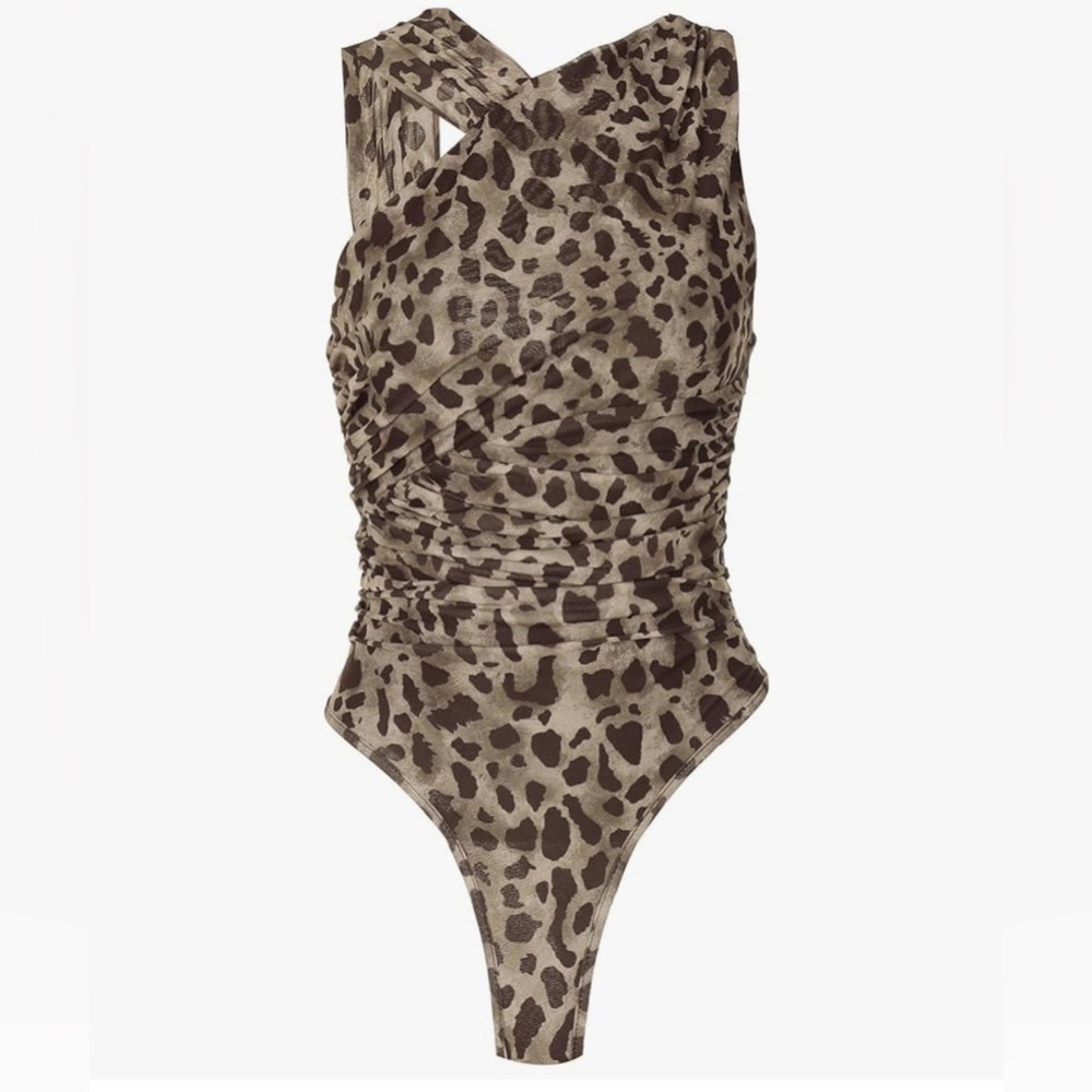 Tyssedal Studio Leopard Print Ruched Crossover Halter Bodysuit Brown Tan Large - Picture 2 of 9